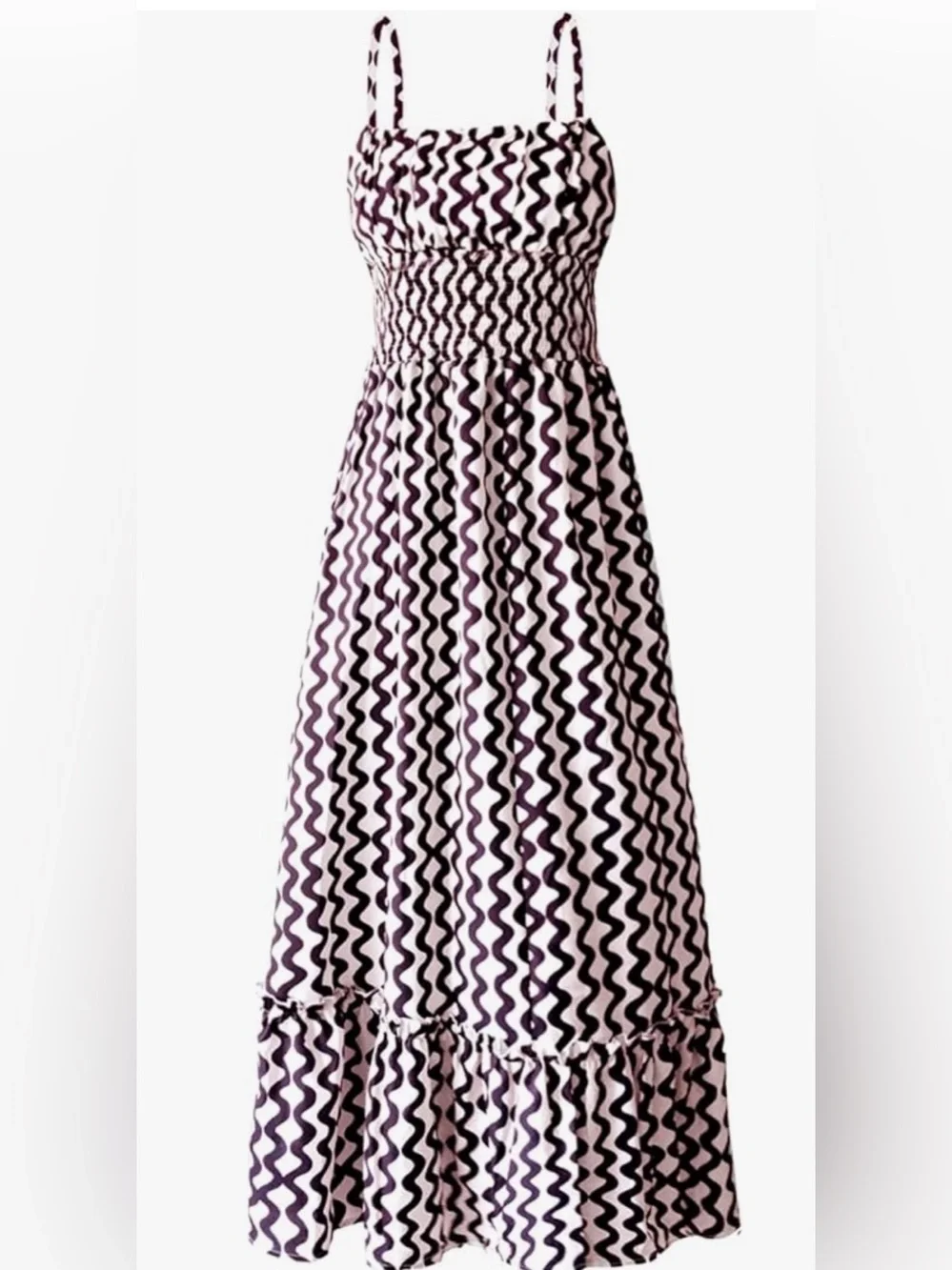 Wavy Print Smocked Maxi Dress in Black & Cream. NWOT - Picture 3 of 6